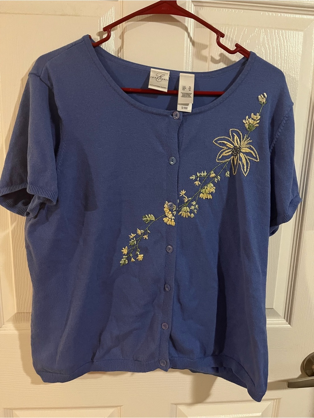 Emma James Liz Claiborne Blue Floral Embroidered Cardigan Sweater XL Short Sleev